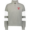 The EMB Augusta Women's Nations of Rugby Canada Jackson Way Pullover is a grey quarter-zip sweatshirt with white sleeve stripes and a red maple leaf "Canada Rugby" logo—ideal supporter gear for any rugby fan.