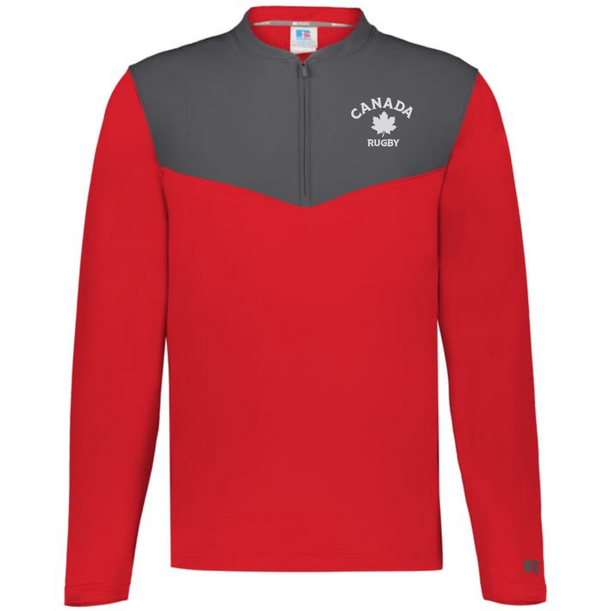 The EMB Augusta Nations of Rugby Canada Sideline Grid 1/4 Zip Pullover is a red and gray long-sleeve featuring a quarter-zip and "Canada Rugby" with a maple leaf logo on the left chest.