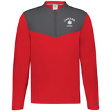 The EMB Augusta Nations of Rugby Canada Sideline Grid 1/4 Zip Pullover is a red and gray long-sleeve featuring a quarter-zip and "Canada Rugby" with a maple leaf logo on the left chest.