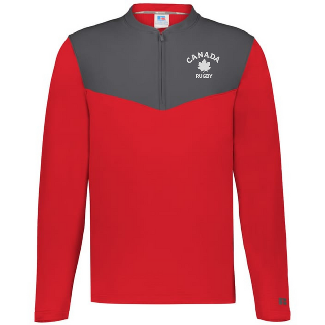 The EMB Augusta Nations of Rugby Canada Sideline Grid 1/4 Zip Pullover is a red and gray long-sleeve featuring a quarter-zip and "Canada Rugby" with a maple leaf logo on the left chest.