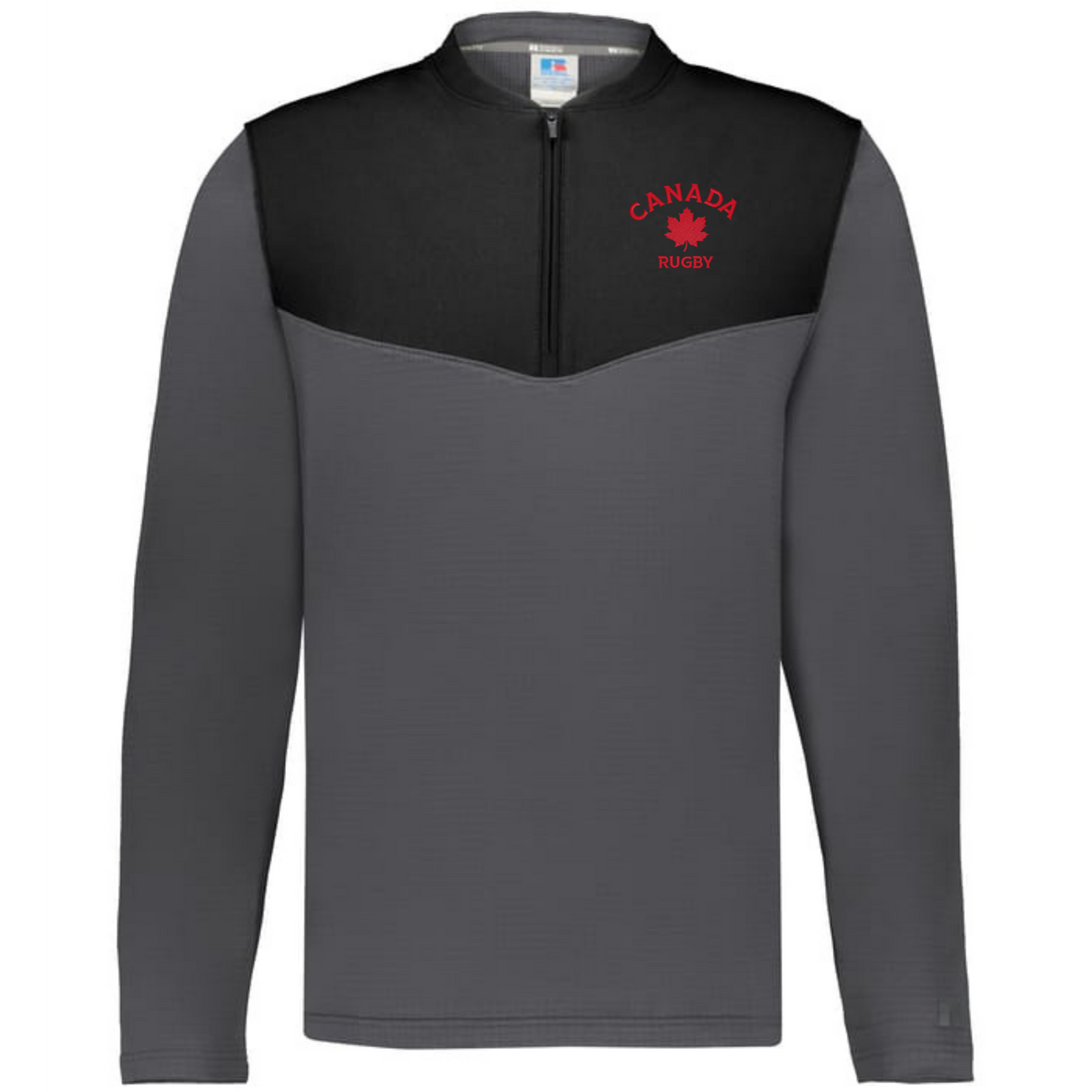 The EMB Augusta Nations of Rugby Canada Sideline Grid 1/4 Zip Pullover features a gray and black design with a red maple leaf and "Canada Rugby" on the chest—a perfect pick for any rugby fan.
