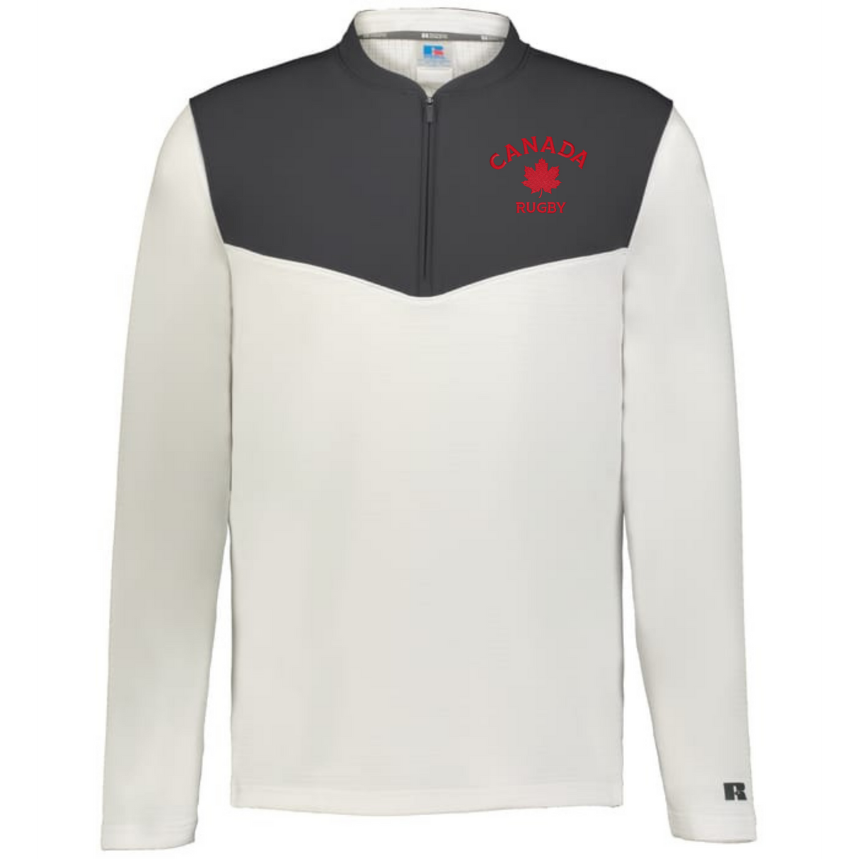 The EMB Augusta Nations of Rugby Canada Sideline Grid 1/4 Zip Pullover features a white design with dark gray yoke, fleece collar, and "Canada Rugby" with red maple leaf logo on the chest—ideal for showing your Canada rugby pride.