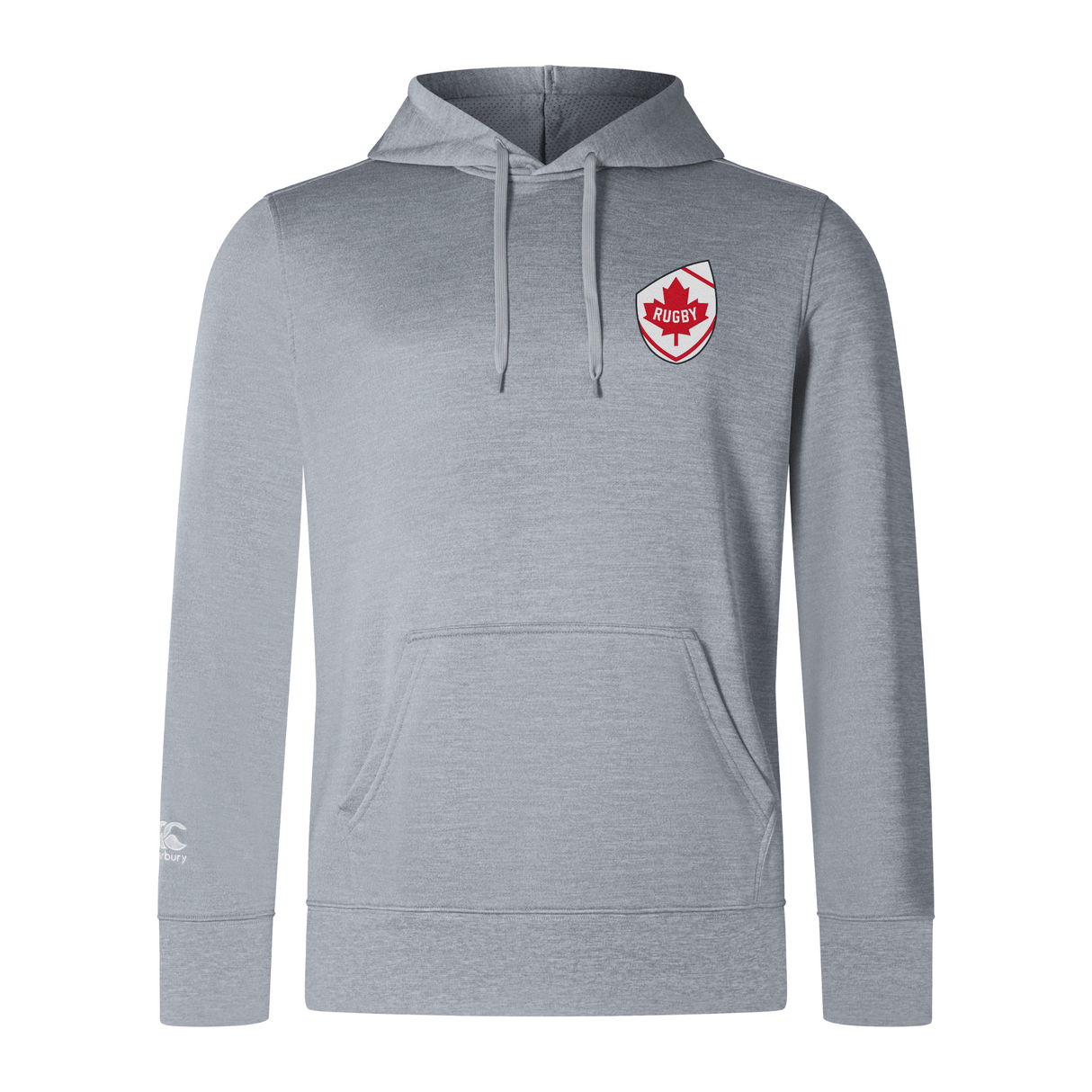 The Canada Shield Club Lightweight Hoodie by EMB Canterbury is gray with a kangaroo pocket, featuring an embroidered red and white rugby emblem on the chest and a Canterbury logo on the sleeve.