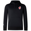 The Canada Shield Club Lightweight Hoodie by EMB Canterbury is a black hoodie featuring a drawstring hood, kangaroo pocket, and an embroidered Canada shield logo on the left chest, with a small white logo on the right sleeve.