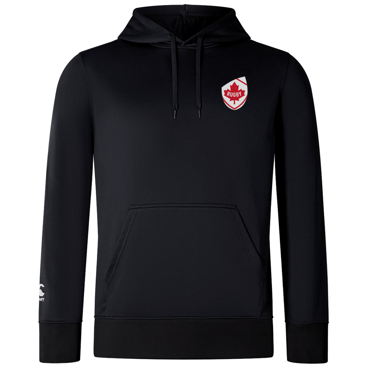The Canada Shield Club Lightweight Hoodie by EMB Canterbury is a black hoodie featuring a drawstring hood, kangaroo pocket, and an embroidered Canada shield logo on the left chest, with a small white logo on the right sleeve.