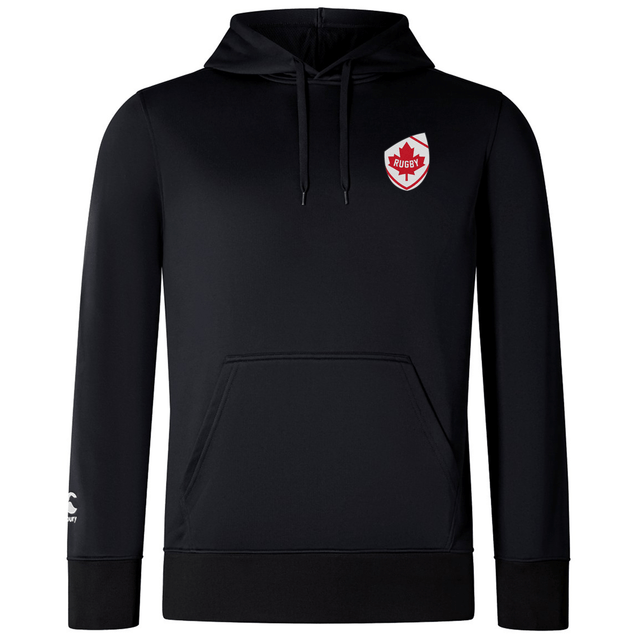 The Canada Shield Club Lightweight Hoodie by EMB Canterbury is a black hoodie featuring a drawstring hood, kangaroo pocket, and an embroidered Canada shield logo on the left chest, with a small white logo on the right sleeve.