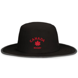 The EMB Augusta Nations of Rugby Canada Rugby Perforated Boonie Cap is a black, wide-brim hat with "Canada Rugby" and a red maple leaf logo on the front—ideal for any rugby supporter.