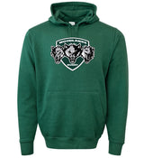 Show your team spirit with the WRS Augusta Woodlands Youth Wolfpack Hoodie—a green athletic fleece hoodie featuring a "Woodlands Rugby" logo with three wolf heads and a shield design on the front.