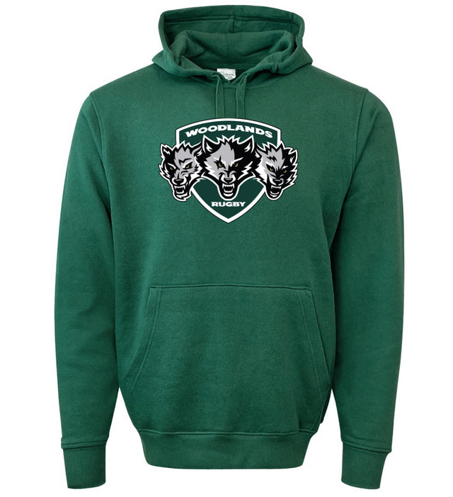 Show your team spirit with the WRS Augusta Woodlands Youth Wolfpack Hoodie—a green athletic fleece hoodie featuring a "Woodlands Rugby" logo with three wolf heads and a shield design on the front.
