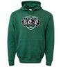 Show your team spirit with the WRS Augusta Woodlands Youth Wolfpack Hoodie—a green athletic fleece hoodie featuring a "Woodlands Rugby" logo with three wolf heads and a shield design on the front.