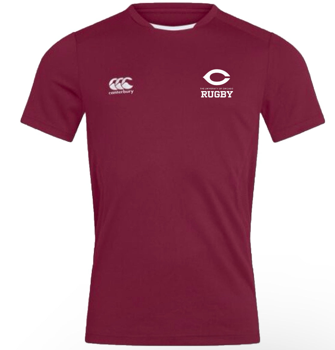 The University of Chicago Club Dry Tee by EMB Canterbury is a maroon rugby shirt featuring a white logo and "CANTERBURY RUGBY" text, enhanced with Vapodri Technology for breathability.