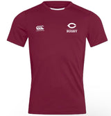 The University of Chicago Club Dry Tee by EMB Canterbury is a maroon rugby shirt featuring a white logo and "CANTERBURY RUGBY" text, enhanced with Vapodri Technology for breathability.
