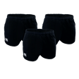 The Canterbury Classics Rugged Drill Short 3-Pack Bundle, by Bundle Canterbury, is shown on a white background. These shorts, made from 100% cotton and featuring a white logo on the left thigh, offer comfort and durability for any workout.