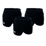The Canterbury Classics Rugged Drill Short 3-Pack Bundle, by Bundle Canterbury, is shown on a white background. These shorts, made from 100% cotton and featuring a white logo on the left thigh, offer comfort and durability for any workout.
