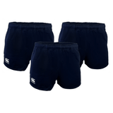 The Canterbury Classics Rugged Drill Short 3-Pack Bundle from Bundle Canterbury includes three pairs of black athletic shorts made of 100% cotton with elastic waistbands and a small white logo on the left leg.