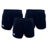 The Canterbury Classics Rugged Drill Short 3-Pack Bundle from Bundle Canterbury includes three pairs of black athletic shorts made of 100% cotton with elastic waistbands and a small white logo on the left leg.