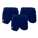 Three pairs of blue Canterbury Classics Rugged Drill Shorts from Bundle Canterbury, featuring a logo on the left leg, are shown against a white background. These shorts offer durability and style for any active wardrobe.