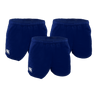 Three pairs of blue Canterbury Classics Rugged Drill Shorts from Bundle Canterbury, featuring a logo on the left leg, are shown against a white background. These shorts offer durability and style for any active wardrobe.
