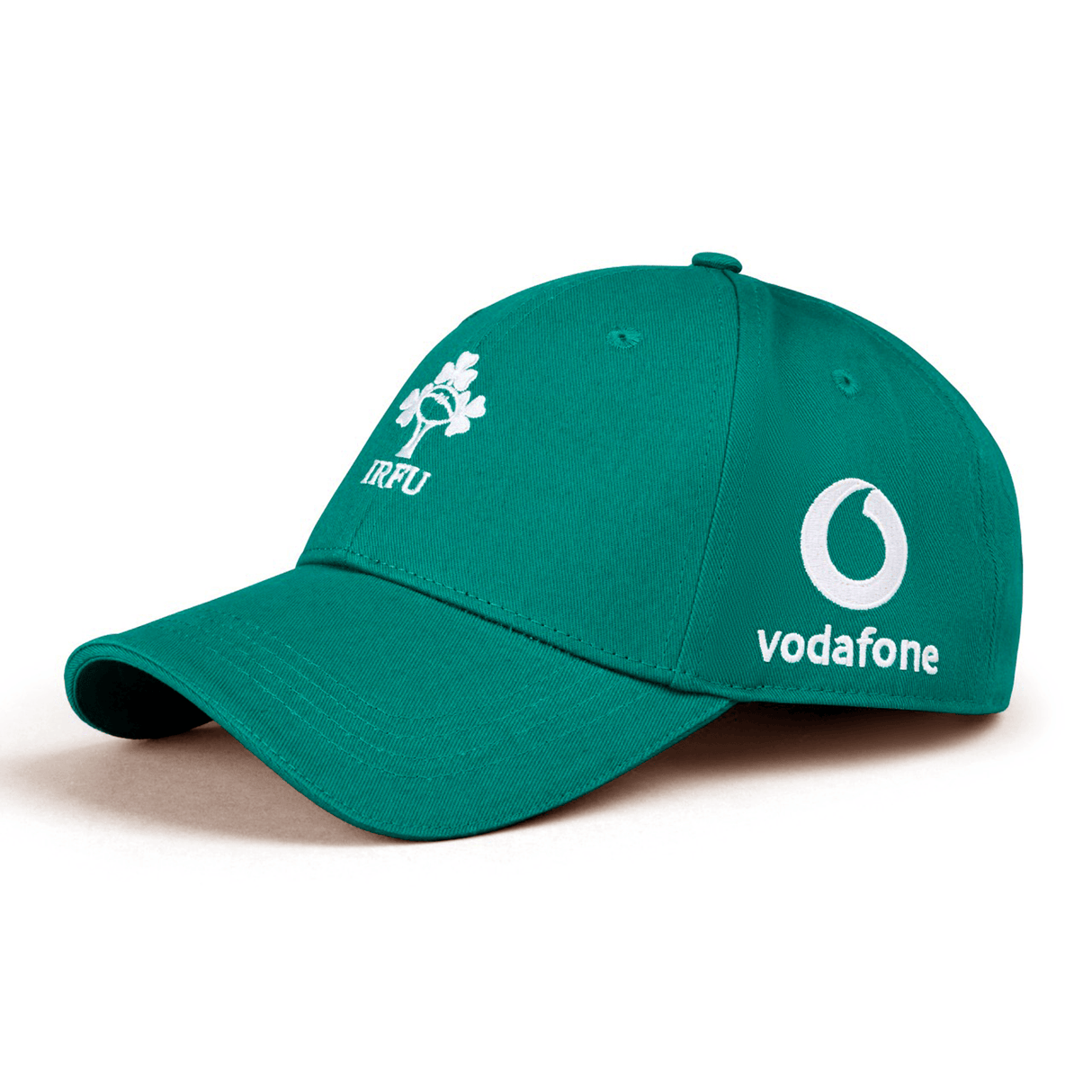 The Ireland 24 Drill Cap by Canterbury is a green cap featuring the IRFU logo on the front and the Vodafone logo on the side. Crafted from 100% cotton, it includes an adjustable strap for a perfect fit.