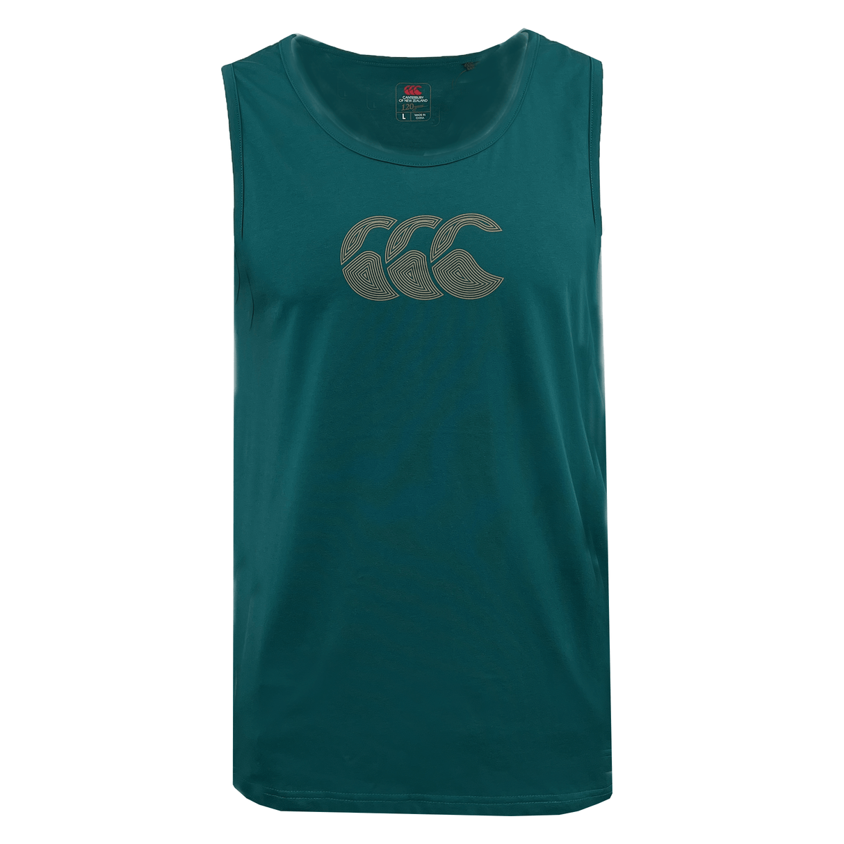 The Canterbury Radial CCC Logo Singlet is a green sleeveless top showcasing the iconic three interlocking waves logo on the chest, representing Canterbury's signature style.