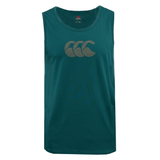 The Canterbury Radial CCC Logo Singlet is a green sleeveless top showcasing the iconic three interlocking waves logo on the chest, representing Canterbury's signature style.