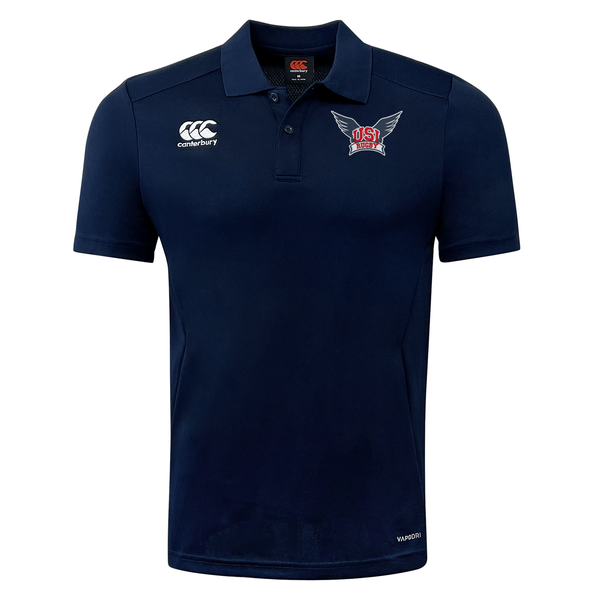University of Southern Indiana Club Dry Polo by EMB Canterbury with a white Canterbury logo on the right chest and an embroidered emblem featuring red letters "USA" with wings on the left chest. Designed with Vapodri technology, this breathable polo ensures comfort throughout the day.