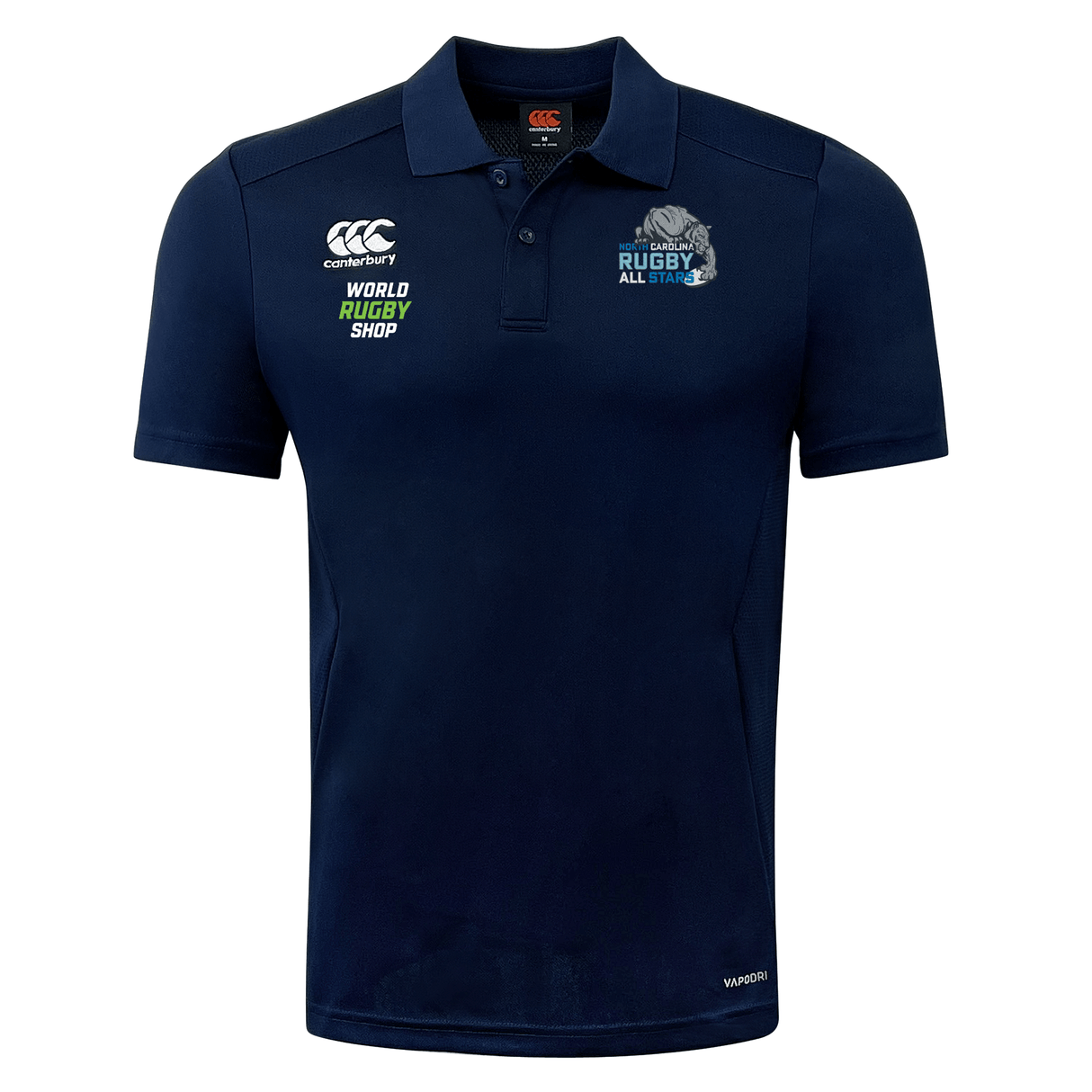 A navy blue rugby polo shirt featuring the "EMB Canterbury" logo on the front left chest, and the "NC All Stars Club Dry Polo by Canterbury" logo on the right chest. This breathable polo incorporates Vapodri Technology for quick drying, ensuring you stay comfortable during intense matches.