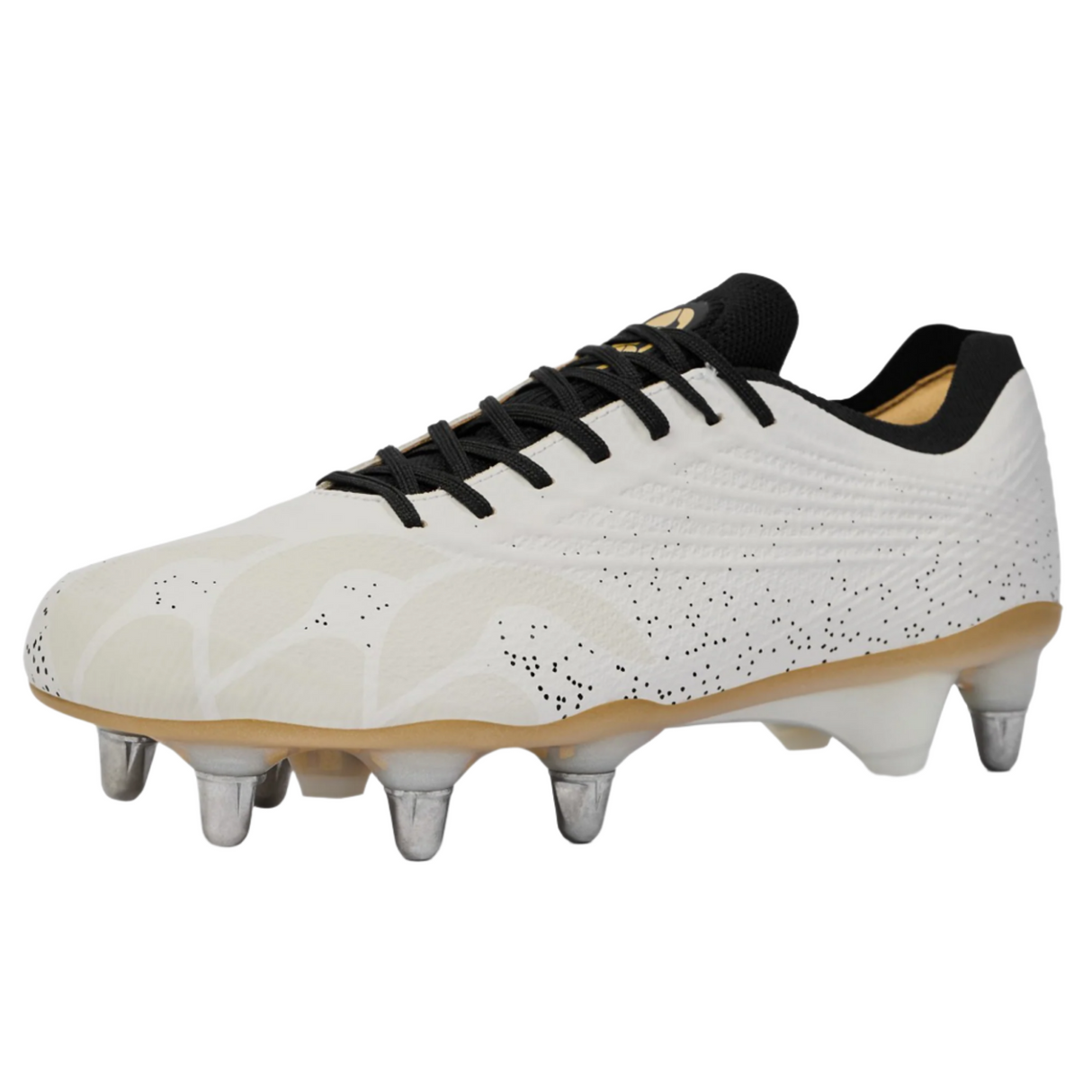 The Canterbury Stampede Groundbreak Elite SG - White rugby boot by Canterbury features black laces, a black heel, gold accents, and six metal studs on a tan sole. Ideal for power forwards on soft ground. Shown on a white background.