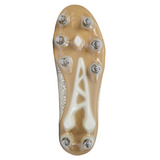 Bottom view of the Canterbury Stampede Groundbreak Elite SG - White by Canterbury, showing its tan sole with eight metal studs for traction—perfect power forwards rugby boots.