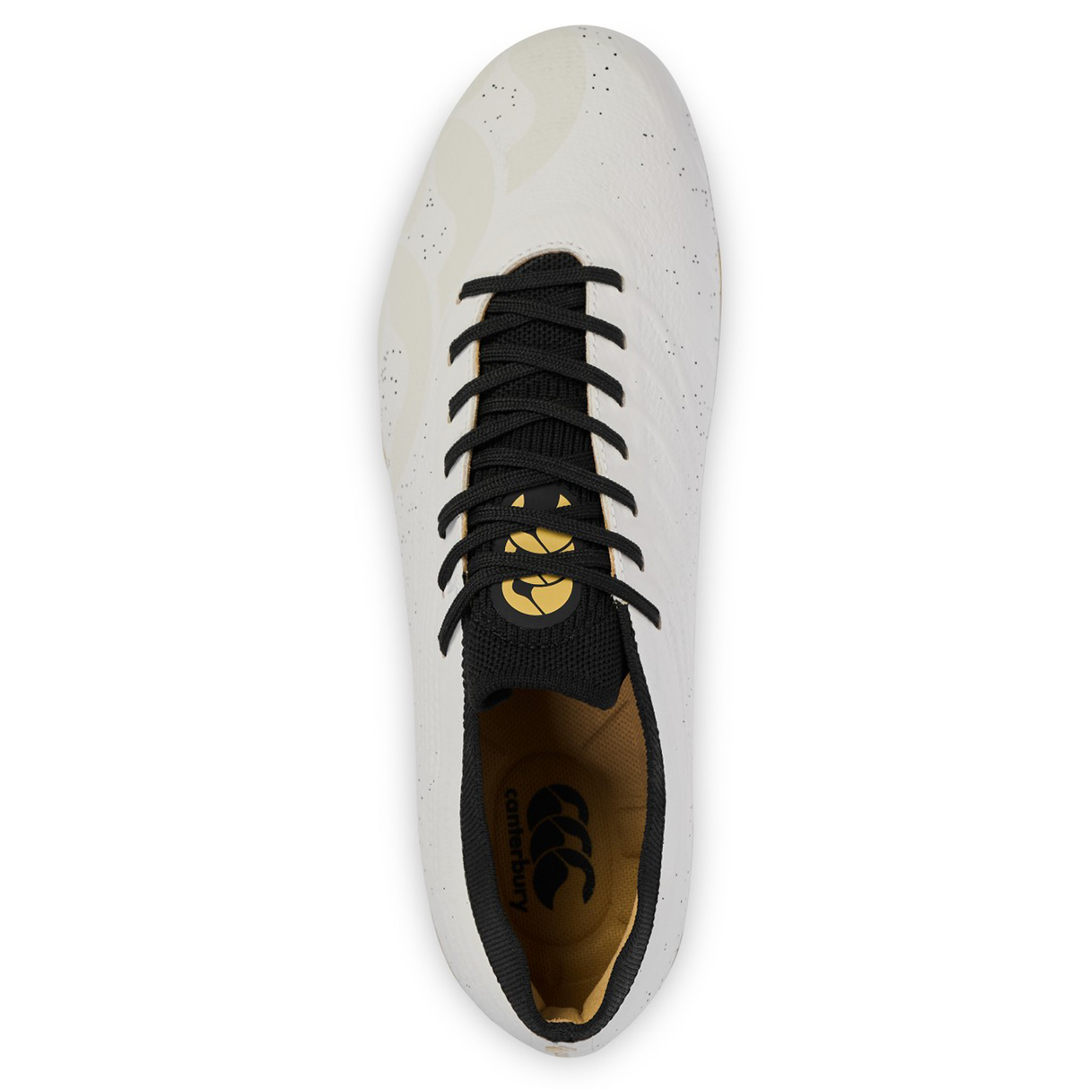 The Canterbury Stampede Groundbreak Elite SG - White rugby boot by Canterbury features black laces, a black tongue, and a gold logo on the insole—perfect for power forwards. Shown from a top-down view.