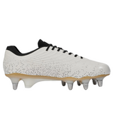 The Canterbury Stampede Groundbreak Elite SG - White rugby boot by Canterbury features black laces, a black interior, six metal studs on a light brown sole—ideal soft ground boots for power forwards.