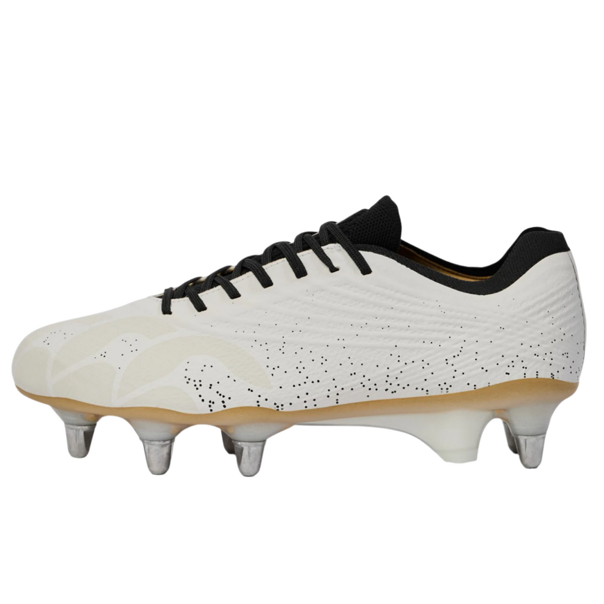 The Canterbury Stampede Groundbreak Elite SG - White rugby boot by Canterbury features black laces, a black speckled pattern, and six metal studs—ideal for power forwards on soft ground—shown in a side profile view.