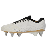 The Canterbury Stampede Groundbreak Elite SG - White rugby boot by Canterbury features black laces, a black speckled pattern, and six metal studs—ideal for power forwards on soft ground—shown in a side profile view.