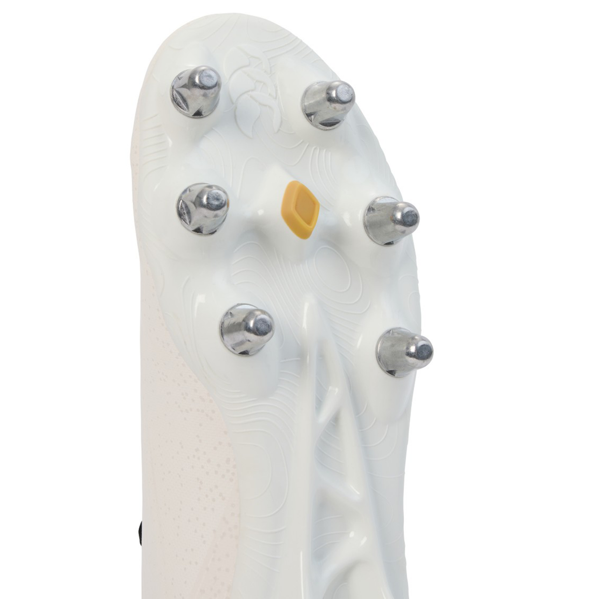 Close-up of the sole of the Canterbury Stampede Groundbreak Team SG rugby boot in white, showing six metallic studs and a yellow detail—designed by Canterbury for optimum grip, perfect for forwards.