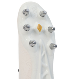 Close-up of the sole of the Canterbury Stampede Groundbreak Team SG rugby boot in white, showing six metallic studs and a yellow detail—designed by Canterbury for optimum grip, perfect for forwards.