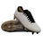 The Canterbury Stampede Groundbreak Elite SG - White by Canterbury are power-based forwards boots with metal studs, designed for soft ground rugby play. One boot stands upright, the other shows stud detail in black and white design.