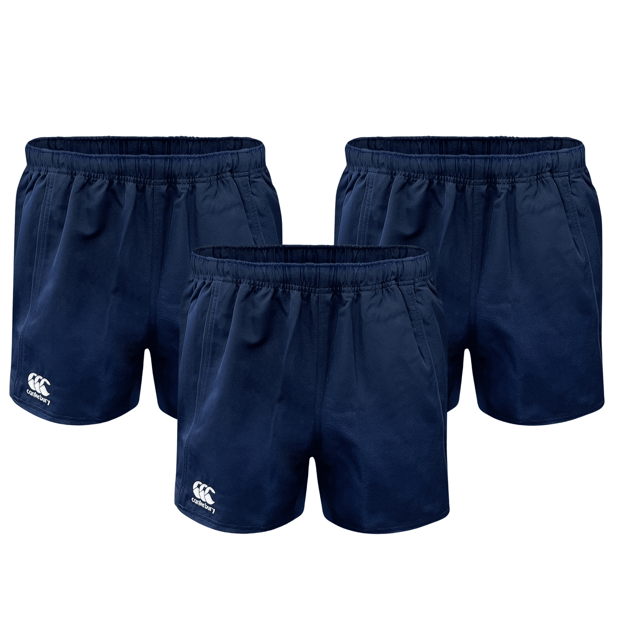 Three pairs of Canterbury Advantage Shorts in navy blue with embroidered logos and moisture-wicking technology to keep you dry and comfortable from the Bundle Canterbury collection.