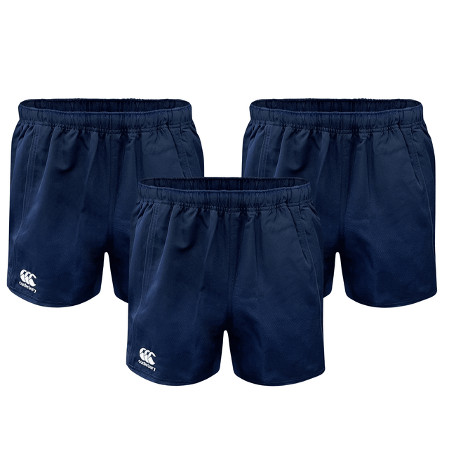 Three pairs of Canterbury Advantage Shorts in navy blue with embroidered logos and moisture-wicking technology to keep you dry and comfortable from the Bundle Canterbury collection.