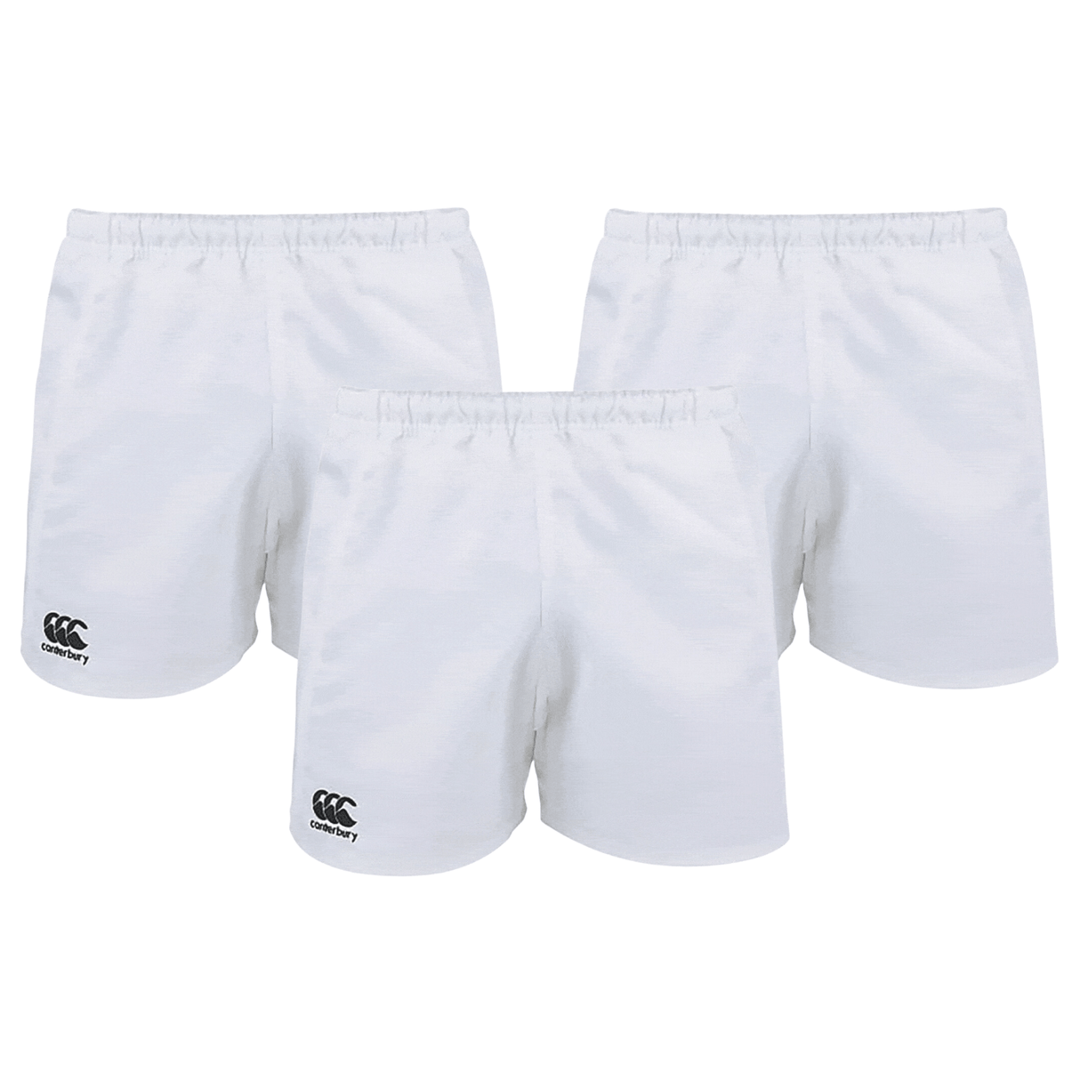 The Canterbury Advantage Short 3-Pack Bundle from Bundle Canterbury includes three pairs of white rugby shorts with elastic waistbands and iconic logos, designed with moisture-wicking fabric for comfort and dryness.