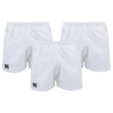 The Canterbury Advantage Short 3-Pack Bundle from Bundle Canterbury includes three pairs of white rugby shorts with elastic waistbands and iconic logos, designed with moisture-wicking fabric for comfort and dryness.