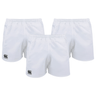 The Canterbury Advantage Short 3-Pack Bundle from Bundle Canterbury includes three pairs of white rugby shorts with elastic waistbands and iconic logos, designed with moisture-wicking fabric for comfort and dryness.
