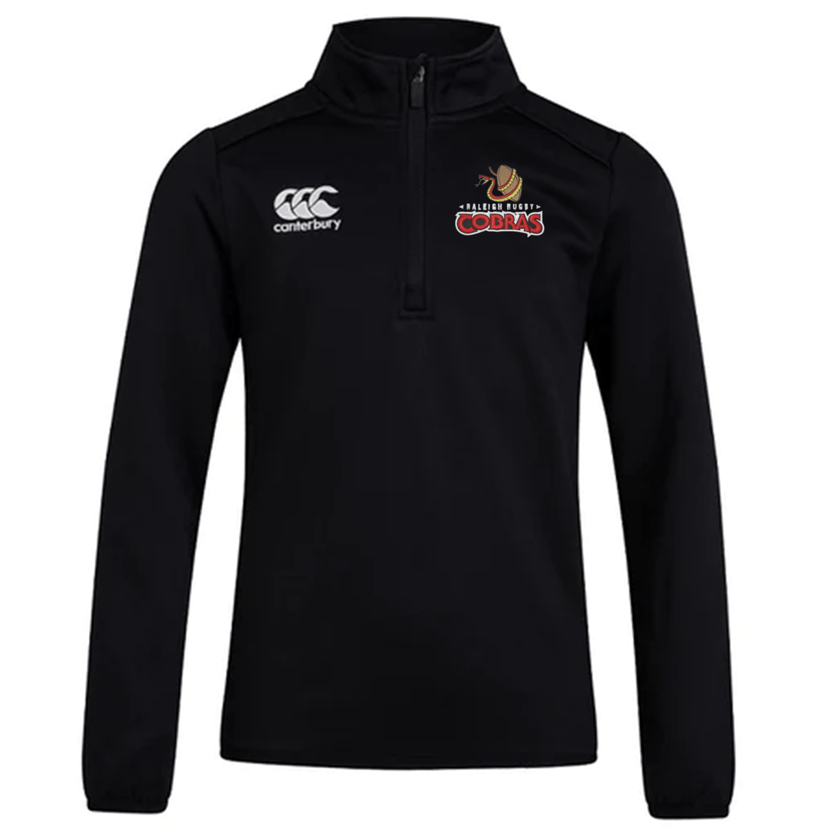 A black hooded sweatshirt with the logo of Raleigh Cobras Rugby Club on the front, the Raleigh Cobras Rugby Club 1/4 Zip Training Top by Canterbury.