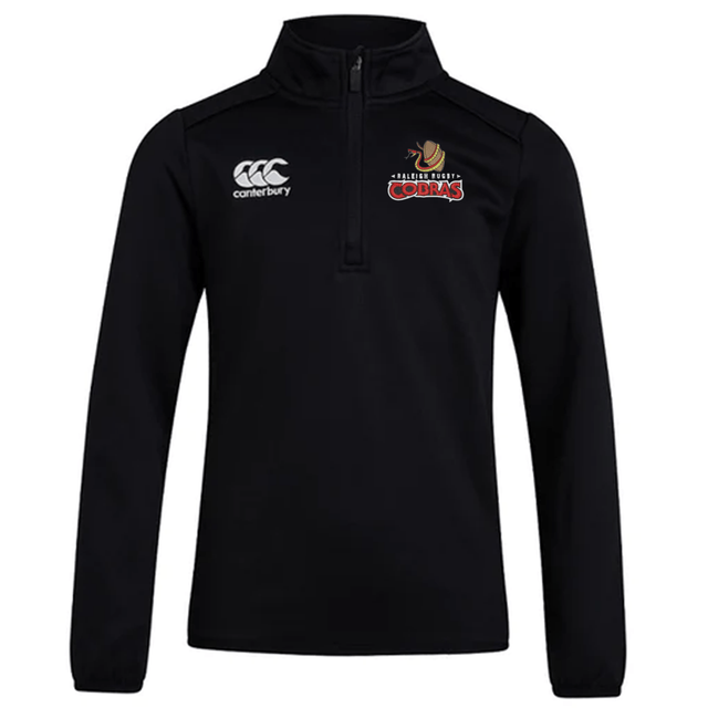 A black hooded sweatshirt with the logo of Raleigh Cobras Rugby Club on the front, the Raleigh Cobras Rugby Club 1/4 Zip Training Top by Canterbury.
