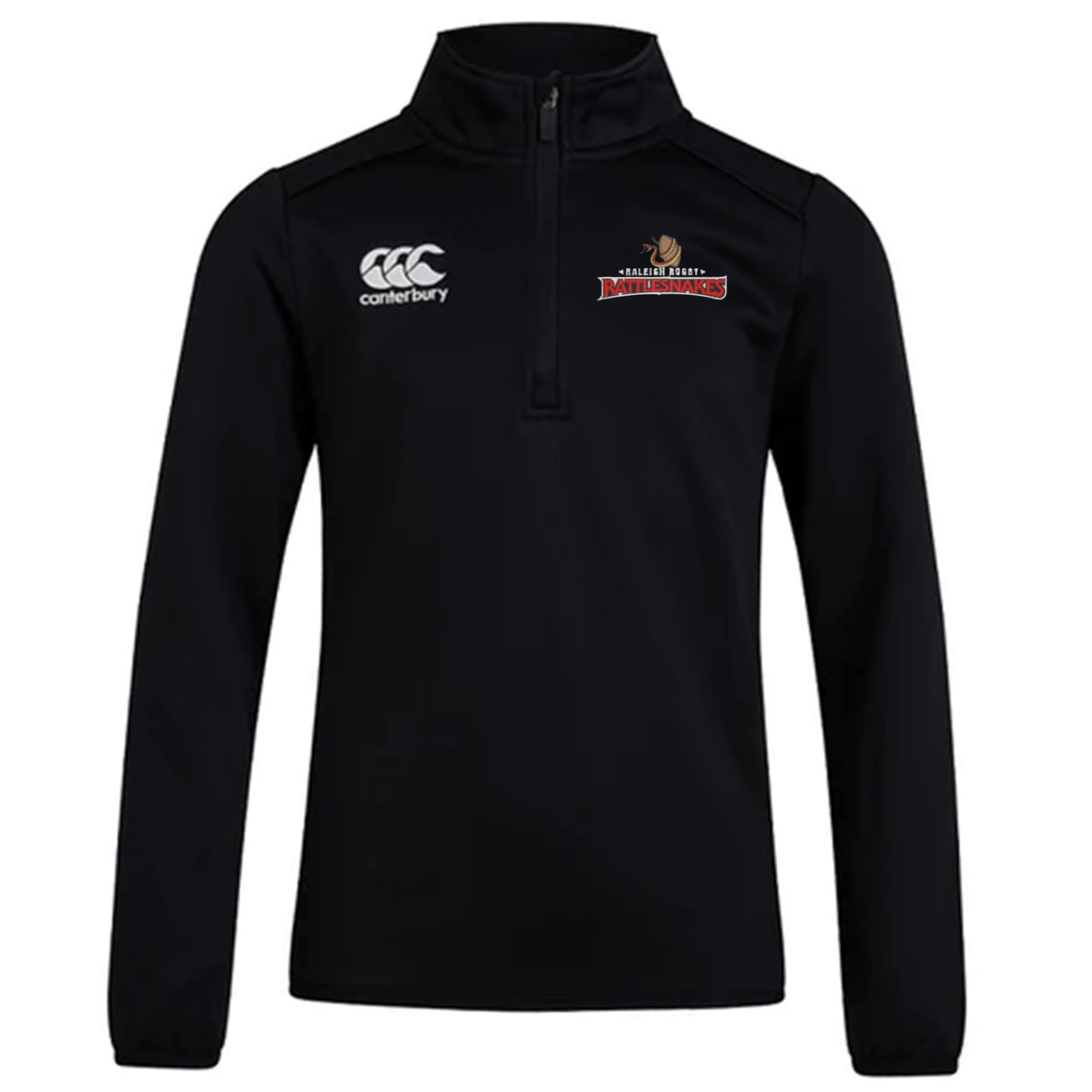 A black hooded sweatshirt with the EMB Canterbury logo on the front