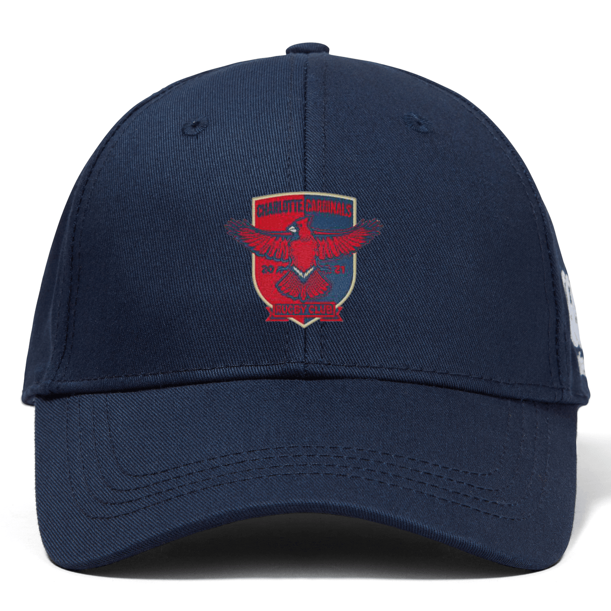 Navy blue EMB Canterbury Charlotte Cardinals Rugby Club Flexfit Drill Cap with embroidered logo featuring a red cardinal and text, displayed on a white background.