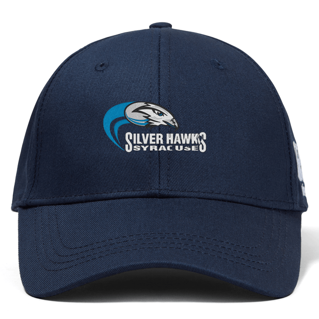 A navy blue Syracuse Silver Hawks Flexfit Drill Cap by Canterbury featuring a curved brim and an embroidered logo of a hawk with "Silver Hawks Syracuse" text on the front.