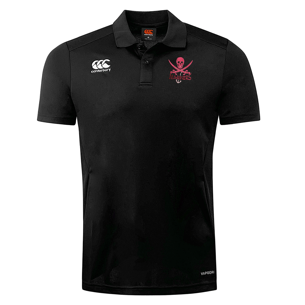 Black SUNY Maritime Club Dry Polo shirt by EMB Canterbury with a pink skull and crossbones logo on the right chest and a small white logo on the left chest, displayed on a plain background.