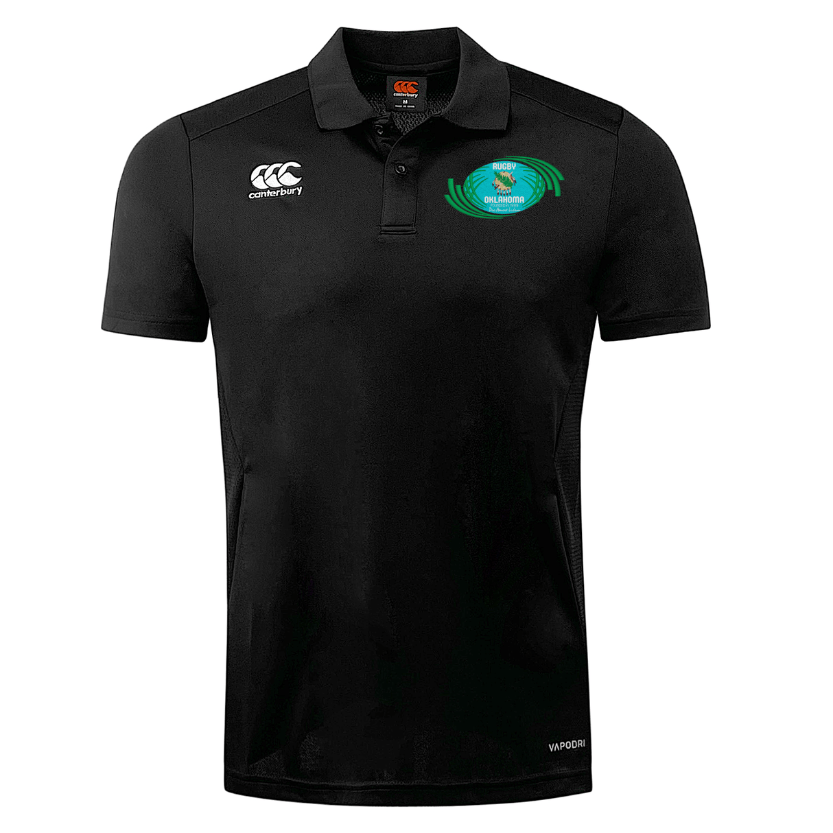 Black breathable Rugby Oklahoma Club Dry Polo with a collar, featuring a green and blue EMB logo on the right chest and a white Canterbury logo on the left.