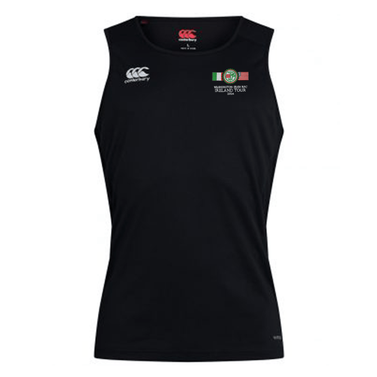An athletic tank top with a Washington Irish Rugby Ireland Canterbury Club Dry Singlet logo by EMB Canterbury.