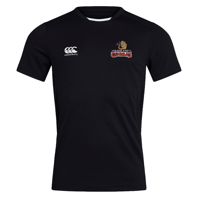 A black Raleigh Cobras Rugby Club Dry Training Tee by EMB Canterbury with the lion logo on it.